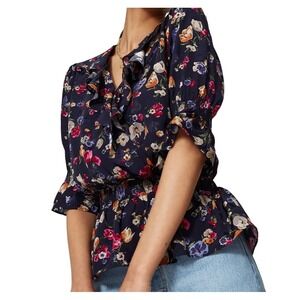 Lauren Ralph Lauren Women's Top Navy Multi Floral Ruffle V Neck Blouse Size‎ S